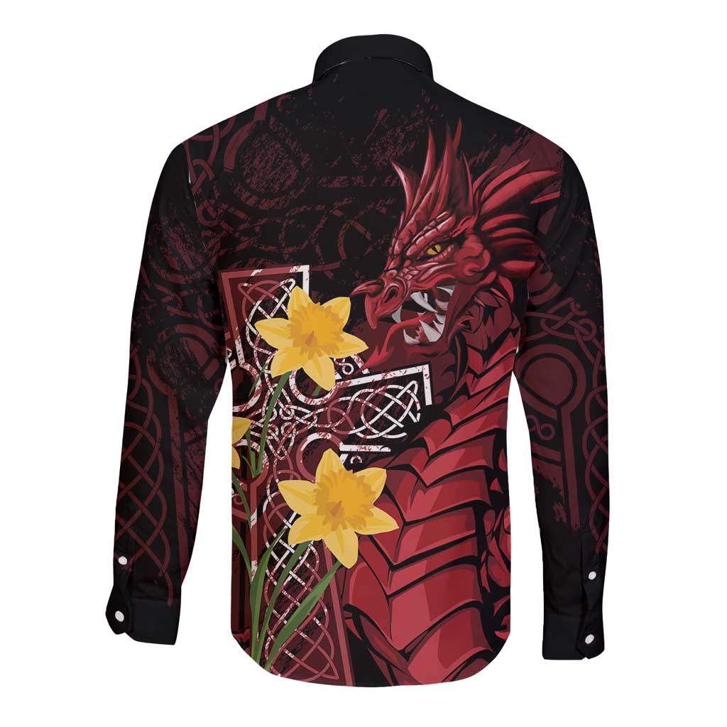 Wales Cymru Am Byth Long Sleeve Button Shirt Welsh Dragon with Celtic Cross - Wonder Print Shop