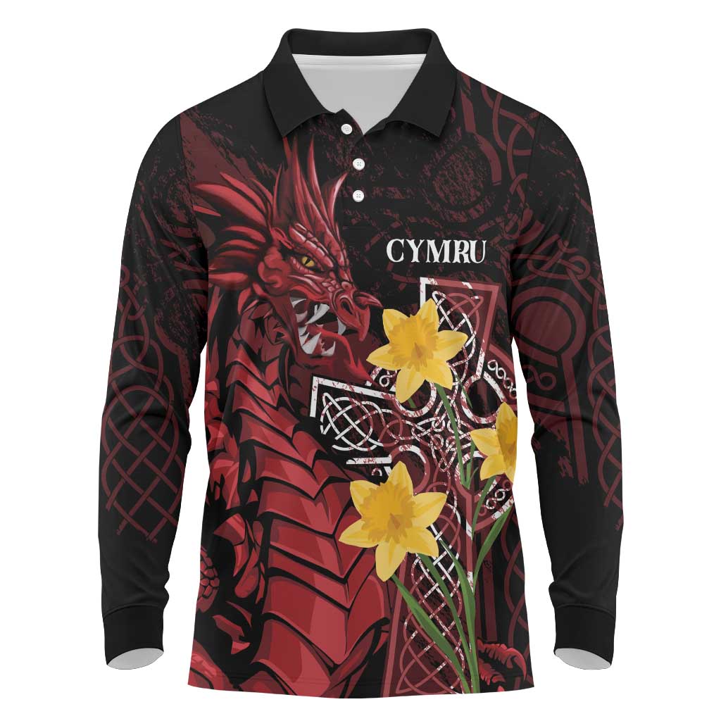 Wales Cymru Am Byth Long Sleeve Polo Shirt Welsh Dragon with Celtic Cross - Wonder Print Shop