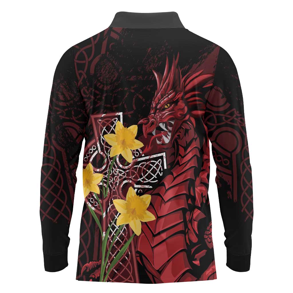 Wales Cymru Am Byth Long Sleeve Polo Shirt Welsh Dragon with Celtic Cross - Wonder Print Shop