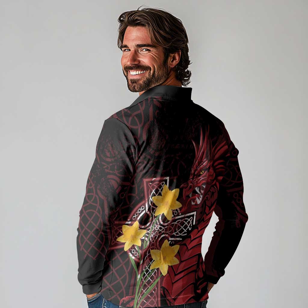Wales Cymru Am Byth Long Sleeve Polo Shirt Welsh Dragon with Celtic Cross - Wonder Print Shop