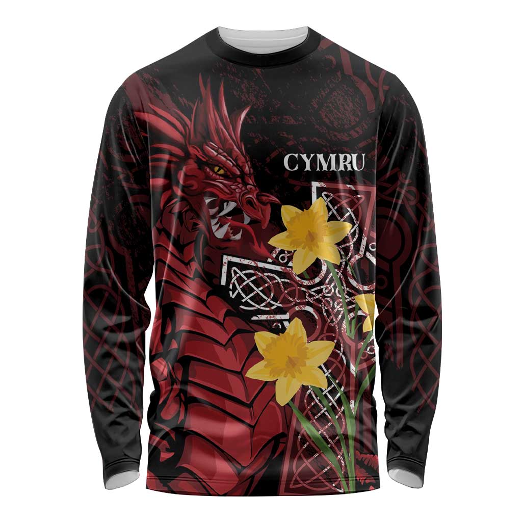 Wales Cymru Am Byth Long Sleeve Shirt Welsh Dragon with Celtic Cross - Wonder Print Shop