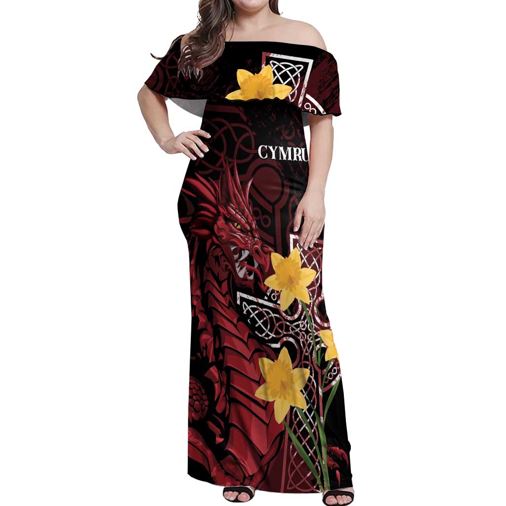 Wales Cymru Am Byth Off Shoulder Maxi Dress Welsh Dragon with Celtic Cross - Wonder Print Shop