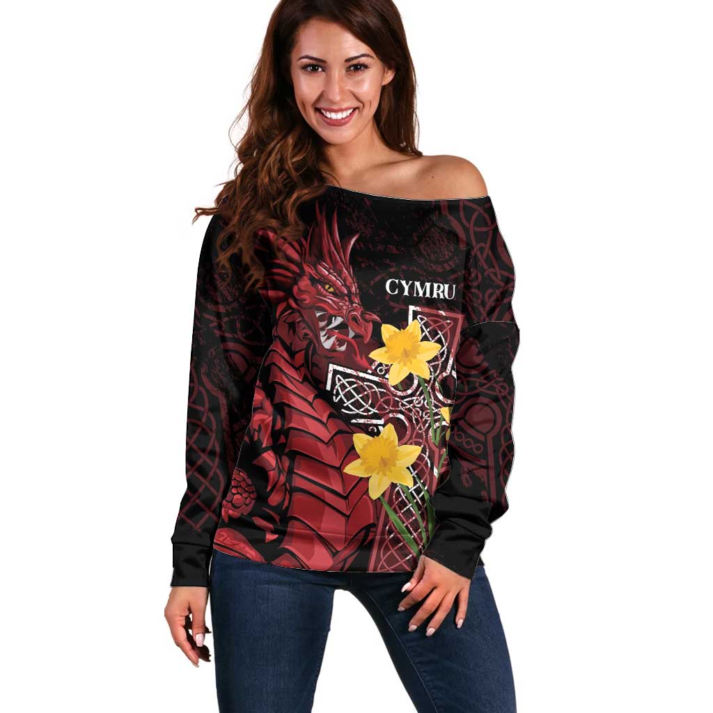 Wales Cymru Am Byth Off Shoulder Sweater Welsh Dragon with Celtic Cross - Wonder Print Shop