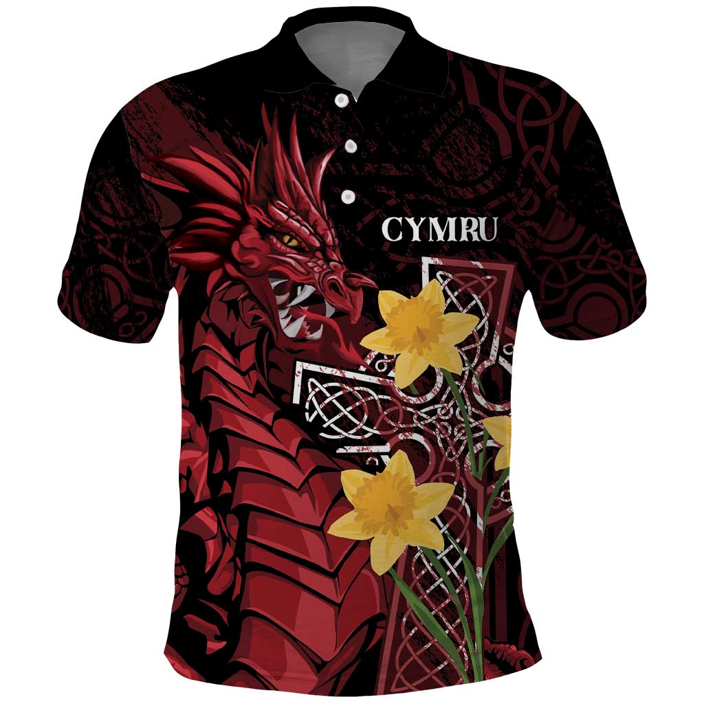 Wales Cymru Am Byth Polo Shirt Welsh Dragon with Celtic Cross - Wonder Print Shop