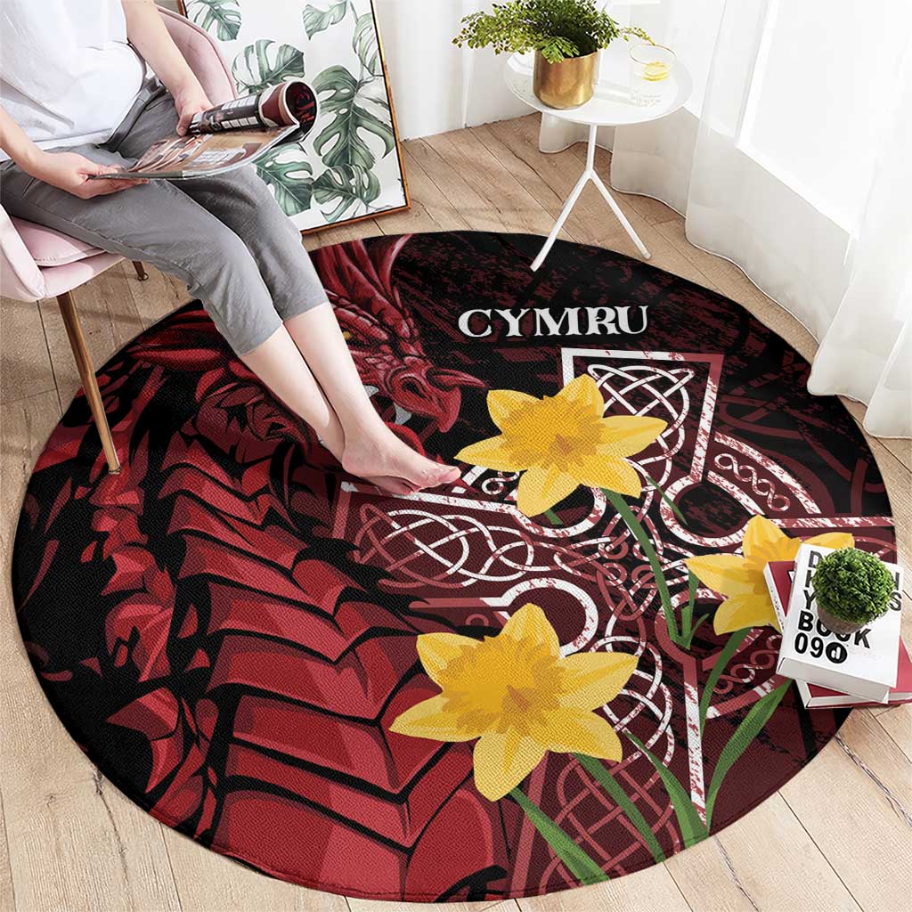 Wales Cymru Am Byth Round Carpet Welsh Dragon with Celtic Cross - Wonder Print Shop