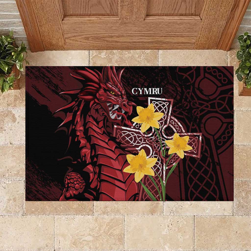 Wales Cymru Am Byth Rubber Doormat Welsh Dragon with Celtic Cross - Wonder Print Shop