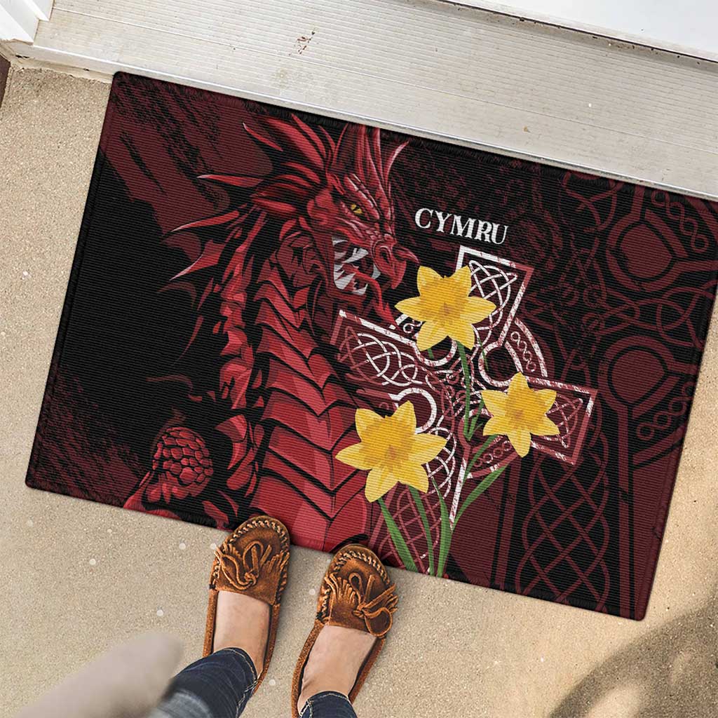 Wales Cymru Am Byth Rubber Doormat Welsh Dragon with Celtic Cross - Wonder Print Shop