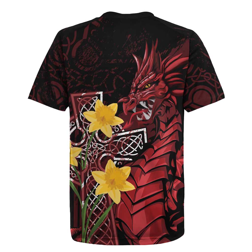 Wales Cymru Am Byth Rugby Jersey Welsh Dragon with Celtic Cross - Wonder Print Shop