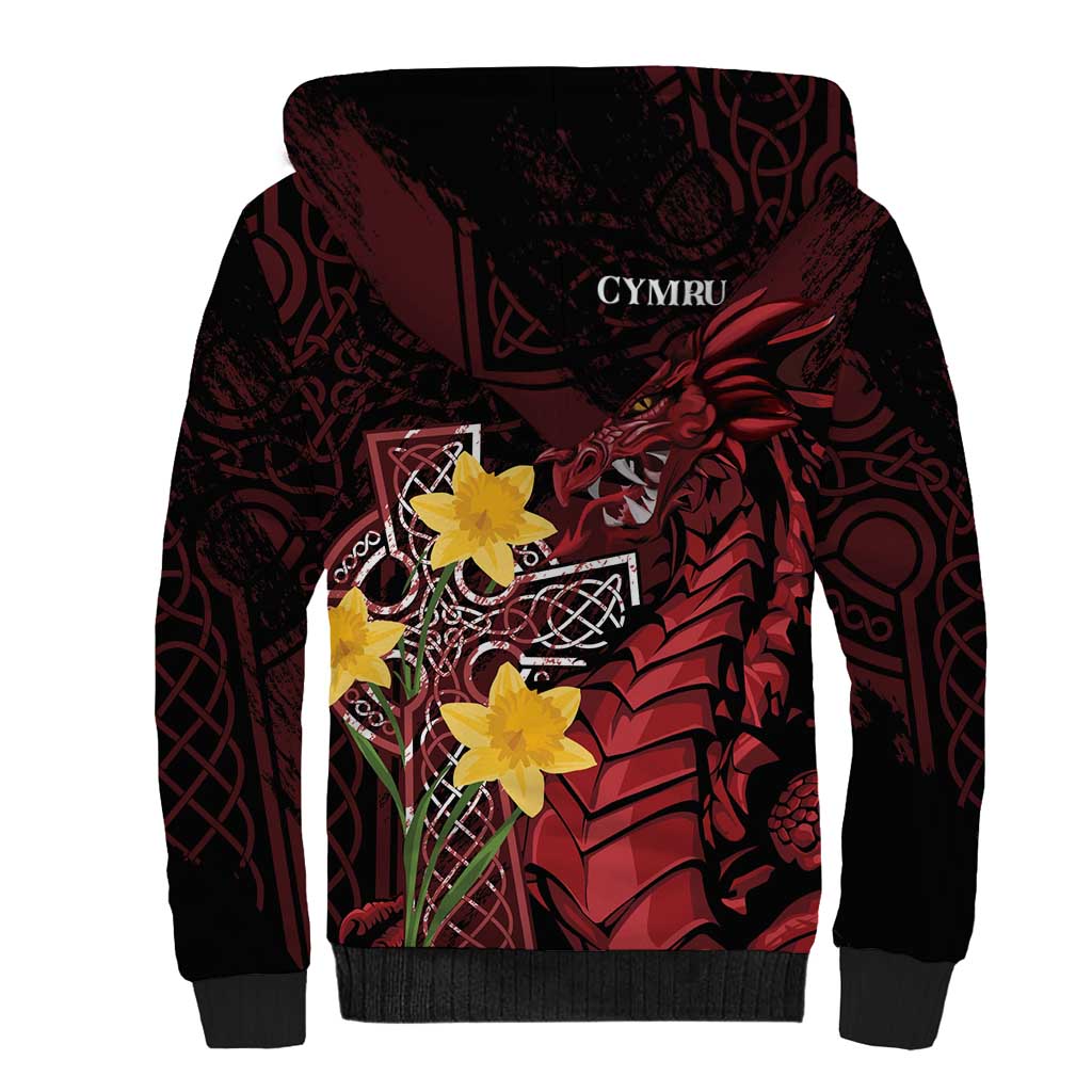 Wales Cymru Am Byth Sherpa Hoodie Welsh Dragon with Celtic Cross - Wonder Print Shop