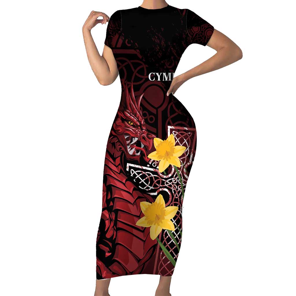 Wales Cymru Am Byth Short Sleeve Bodycon Dress Welsh Dragon with Celtic Cross - Wonder Print Shop