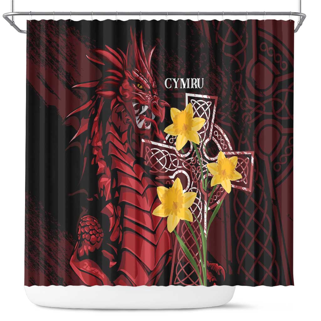Wales Cymru Am Byth Shower Curtain Welsh Dragon with Celtic Cross - Wonder Print Shop