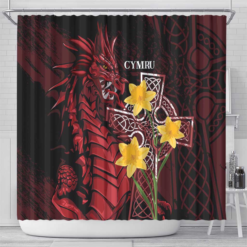 Wales Cymru Am Byth Shower Curtain Welsh Dragon with Celtic Cross - Wonder Print Shop