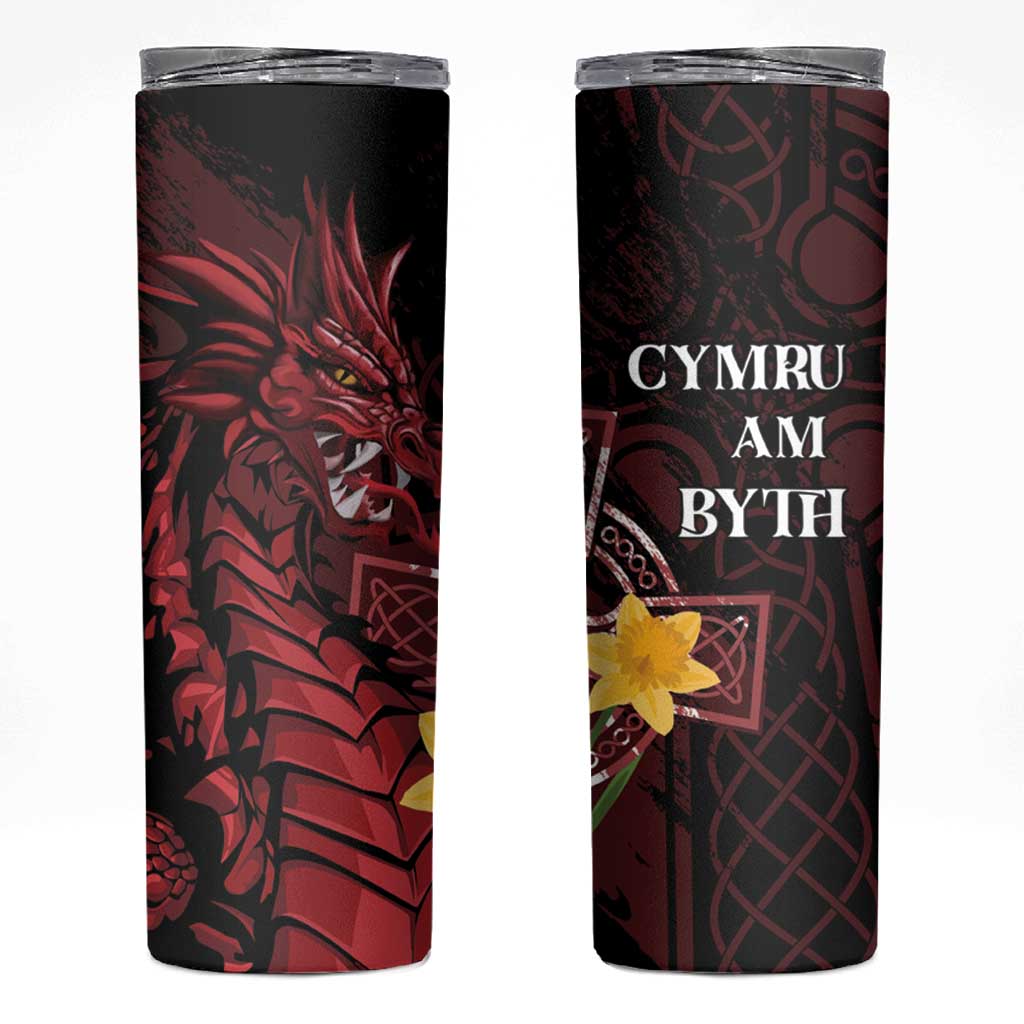 Wales Cymru Am Byth Skinny Tumbler Welsh Dragon with Celtic Cross - Wonder Print Shop
