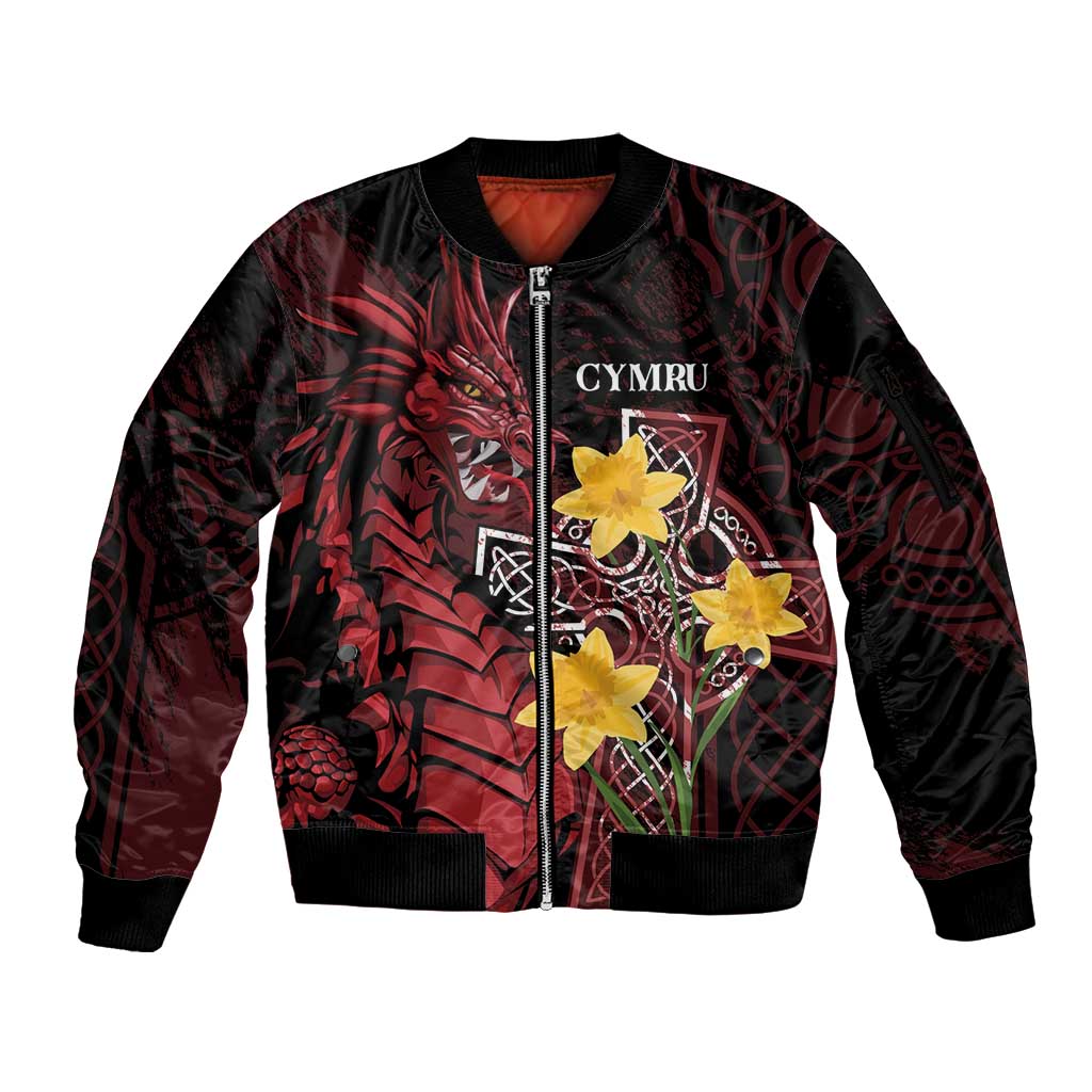 Wales Cymru Am Byth Sleeve Zip Bomber Jacket Welsh Dragon with Celtic Cross - Wonder Print Shop