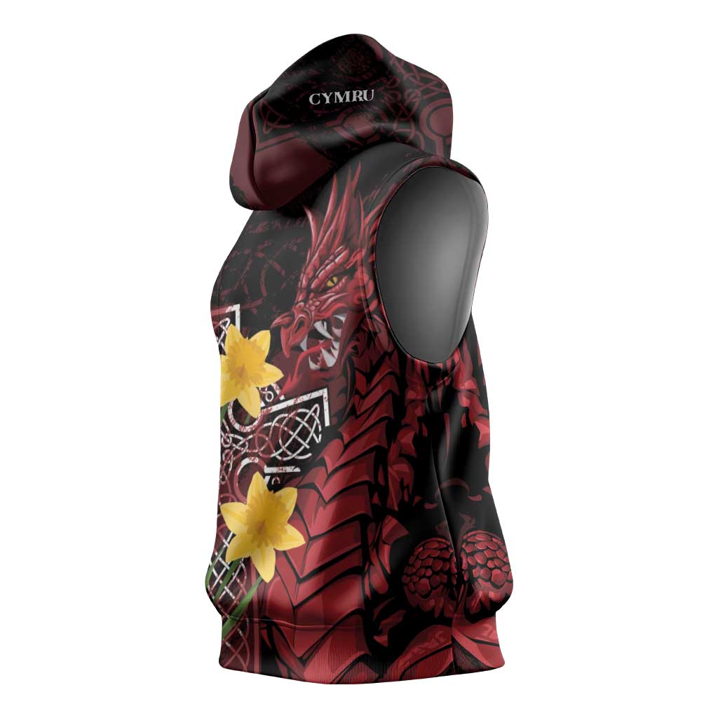 Wales Cymru Am Byth Sleeveless Hoodie Welsh Dragon with Celtic Cross - Wonder Print Shop