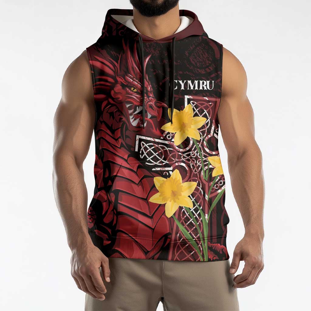 Wales Cymru Am Byth Sleeveless Hoodie Welsh Dragon with Celtic Cross - Wonder Print Shop