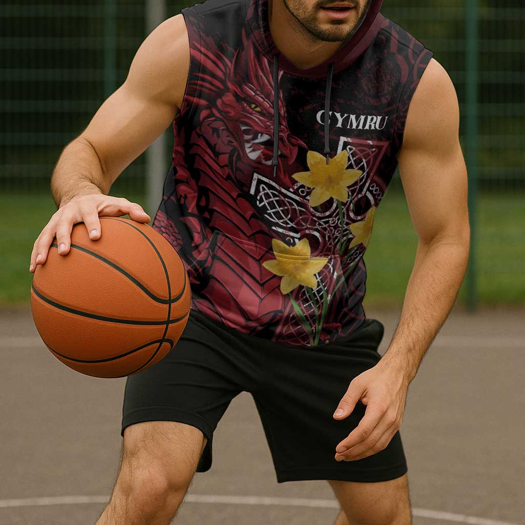 Wales Cymru Am Byth Sleeveless Hoodie Welsh Dragon with Celtic Cross - Wonder Print Shop