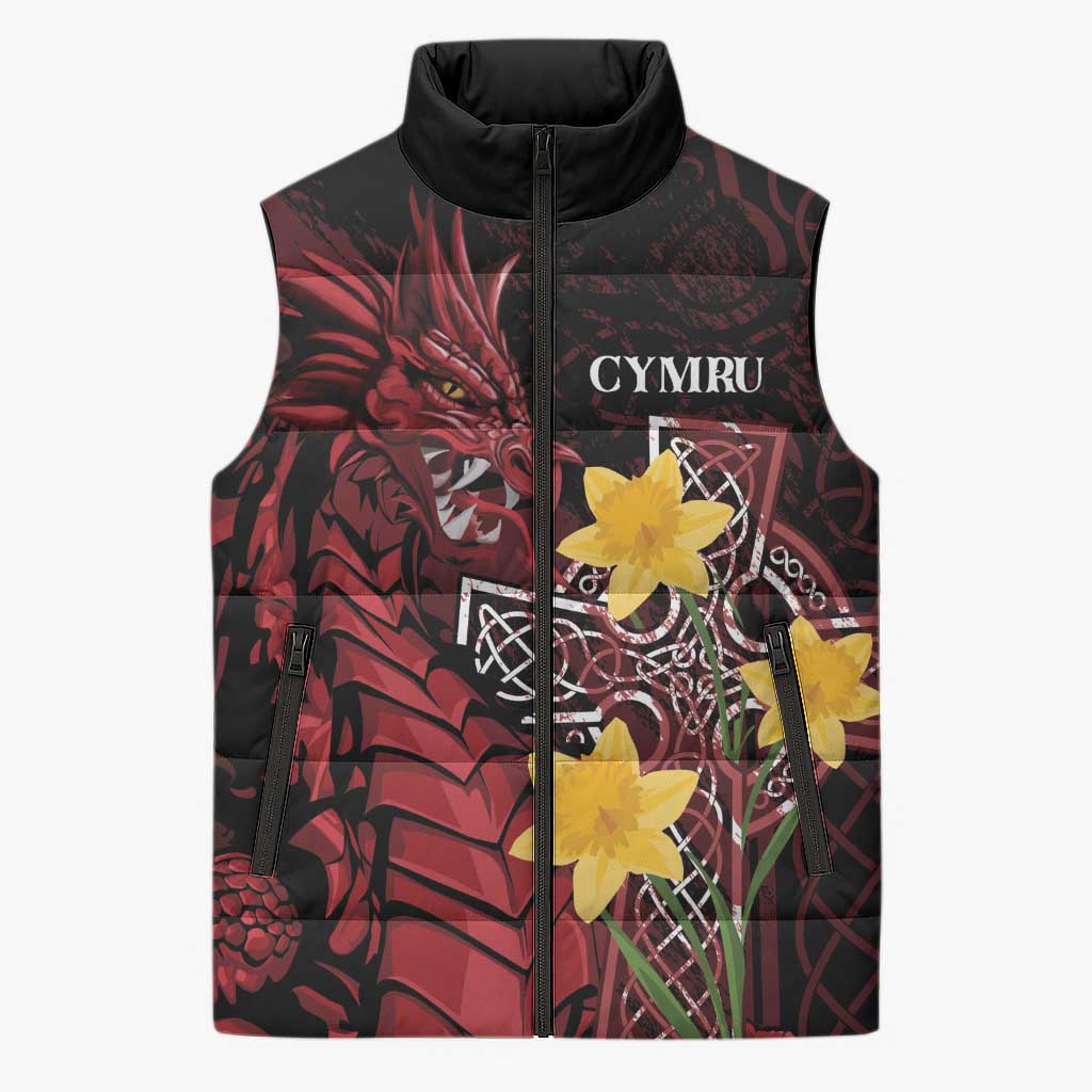 Wales Cymru Am Byth Sleeveless Puffer Jacket Welsh Dragon with Celtic Cross - Wonder Print Shop