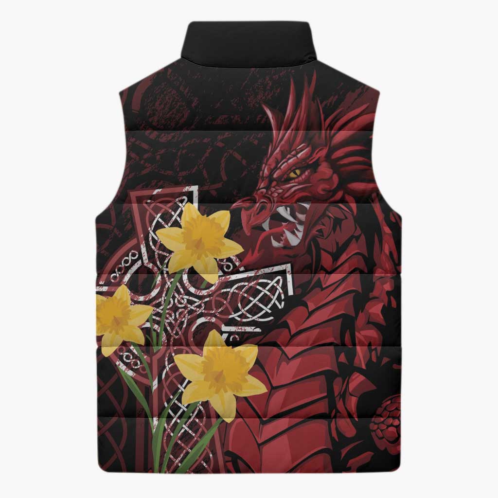 Wales Cymru Am Byth Sleeveless Puffer Jacket Welsh Dragon with Celtic Cross - Wonder Print Shop