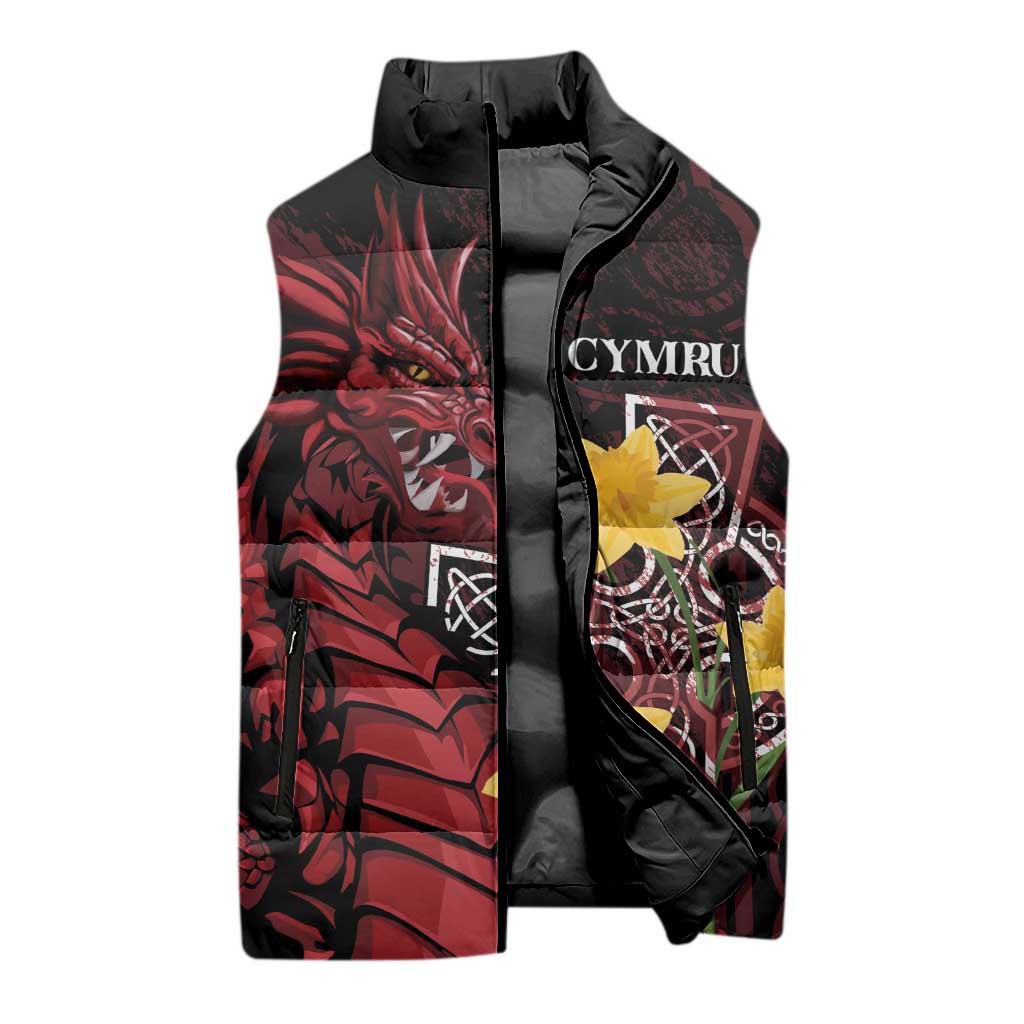Wales Cymru Am Byth Sleeveless Puffer Jacket Welsh Dragon with Celtic Cross - Wonder Print Shop