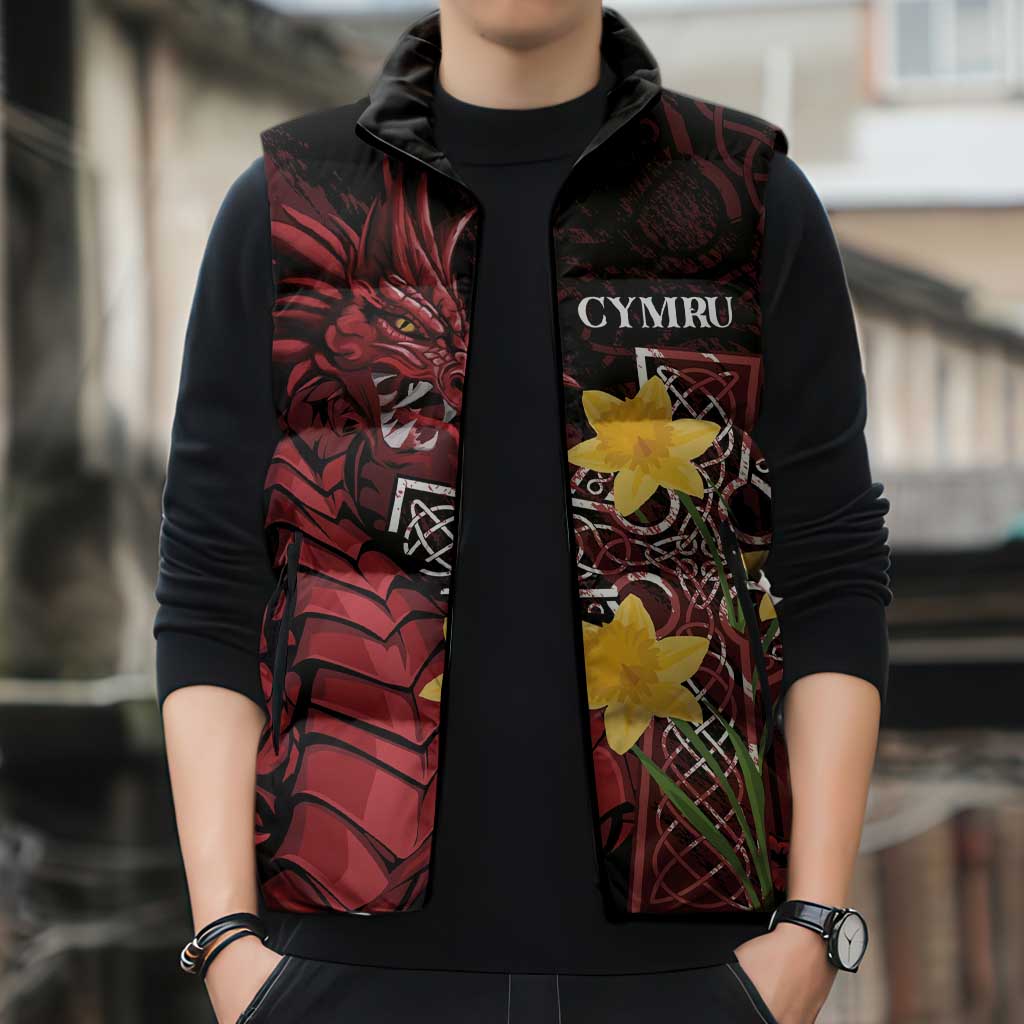 Wales Cymru Am Byth Sleeveless Puffer Jacket Welsh Dragon with Celtic Cross - Wonder Print Shop
