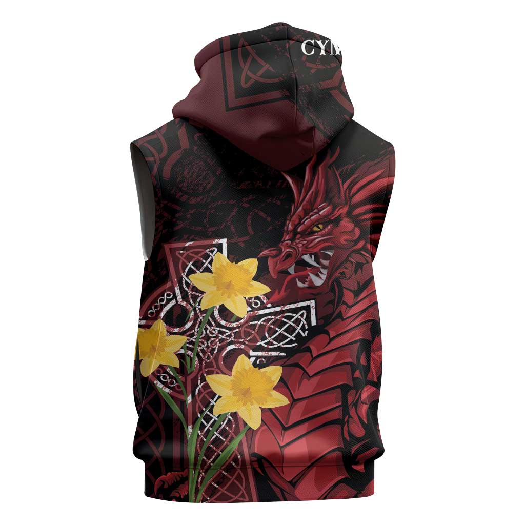 Wales Cymru Am Byth Sleeveless Zip Hoodie Welsh Dragon with Celtic Cross - Wonder Print Shop