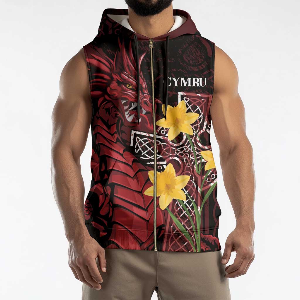 Wales Cymru Am Byth Sleeveless Zip Hoodie Welsh Dragon with Celtic Cross - Wonder Print Shop