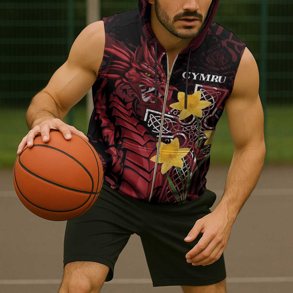 Wales Cymru Am Byth Sleeveless Zip Hoodie Welsh Dragon with Celtic Cross - Wonder Print Shop