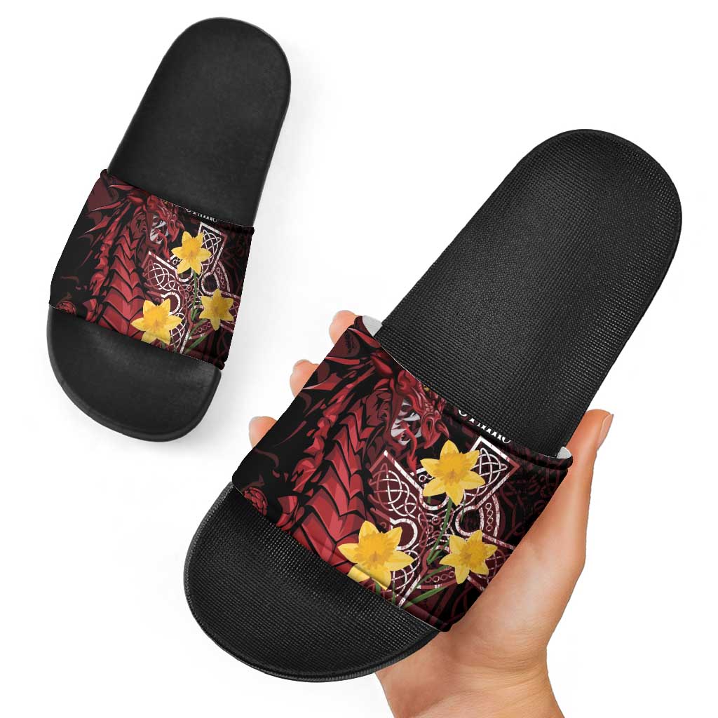 Wales Cymru Am Byth Slide Sandals Welsh Dragon with Celtic Cross - Wonder Print Shop