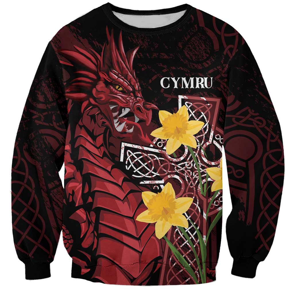 Wales Cymru Am Byth Sweatshirt Welsh Dragon with Celtic Cross - Wonder Print Shop