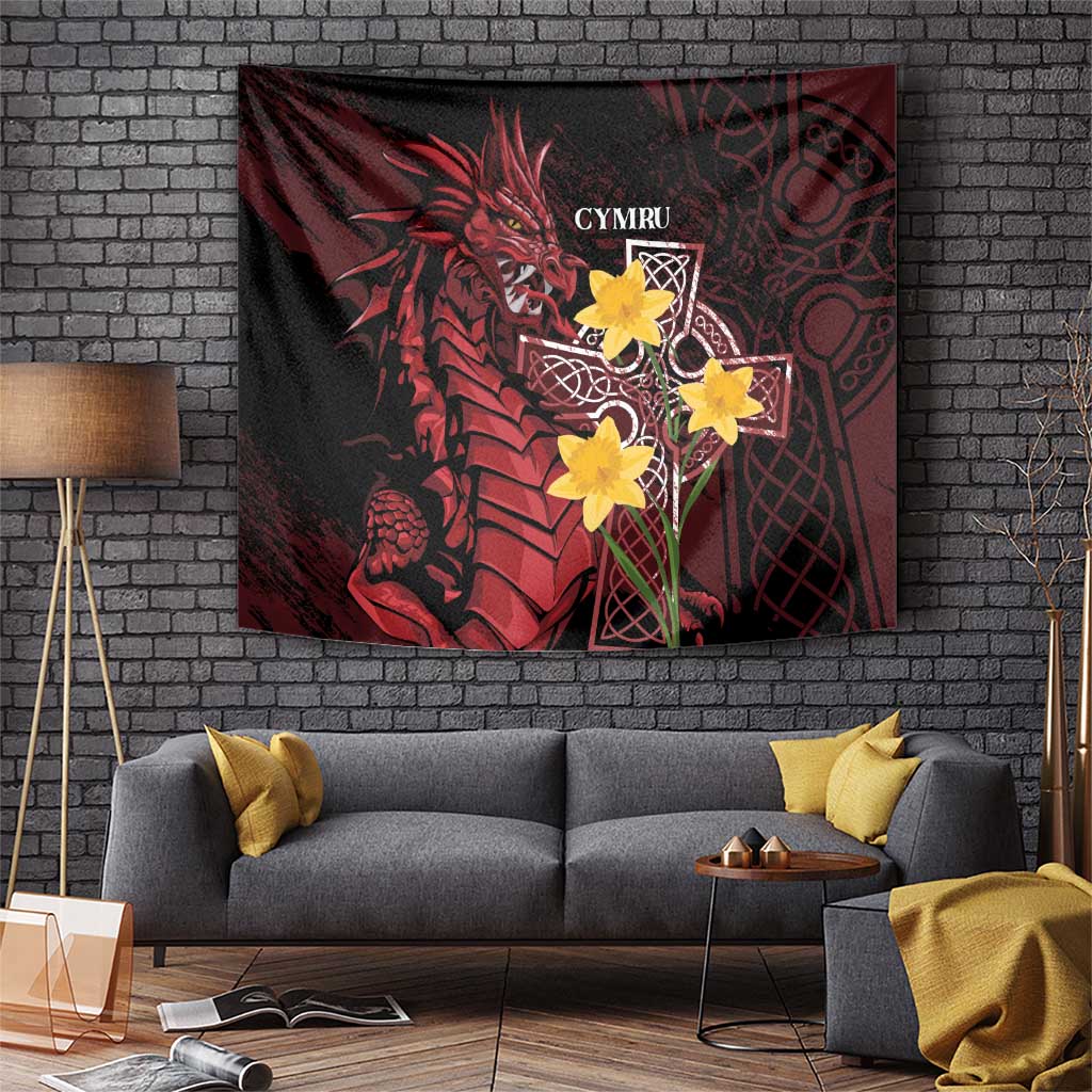 Wales Cymru Am Byth Tapestry Welsh Dragon with Celtic Cross - Wonder Print Shop