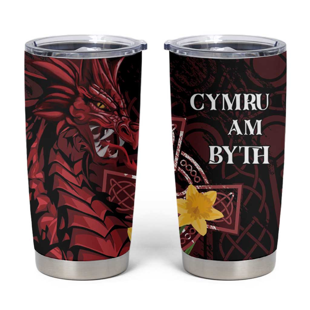 Wales Cymru Am Byth Tumbler Cup Welsh Dragon with Celtic Cross - Wonder Print Shop