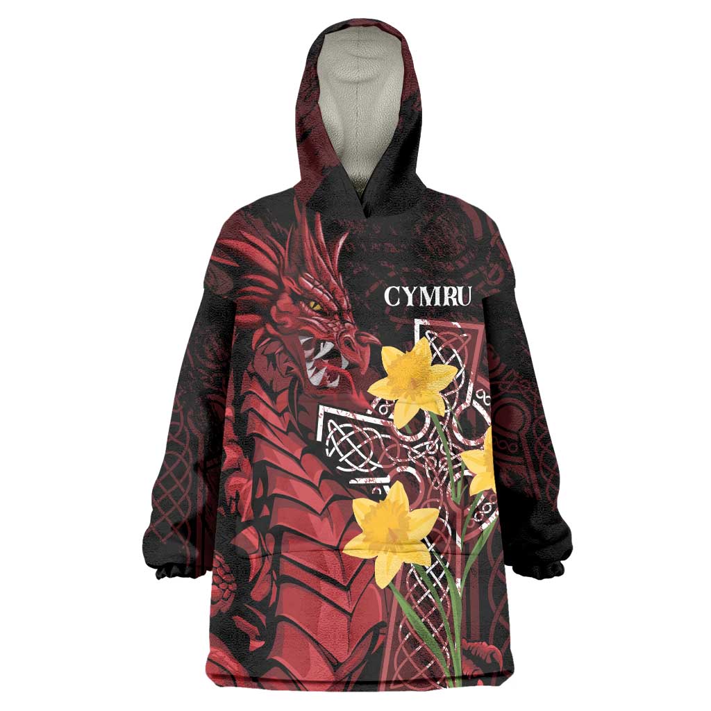 Wales Cymru Am Byth Wearable Blanket Hoodie Welsh Dragon with Celtic Cross - Wonder Print Shop