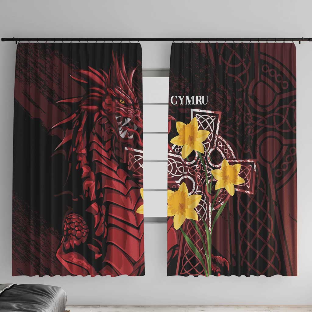Wales Cymru Am Byth Window Curtain Welsh Dragon with Celtic Cross - Wonder Print Shop