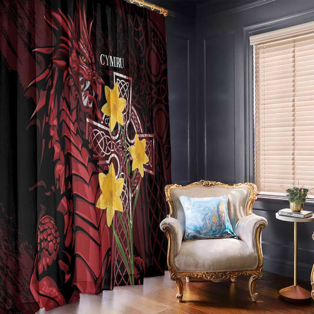 Wales Cymru Am Byth Window Curtain Welsh Dragon with Celtic Cross - Wonder Print Shop
