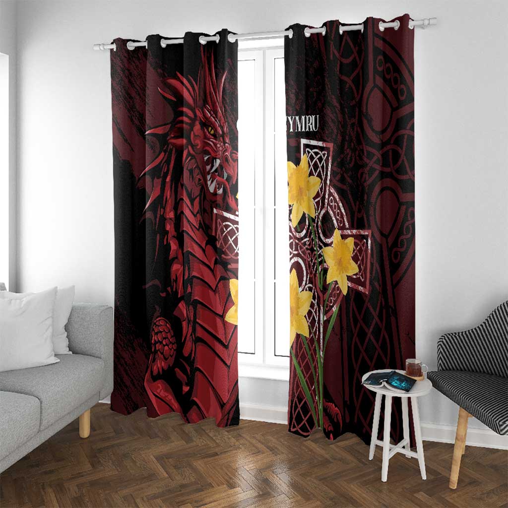 Wales Cymru Am Byth Window Curtain Welsh Dragon with Celtic Cross - Wonder Print Shop