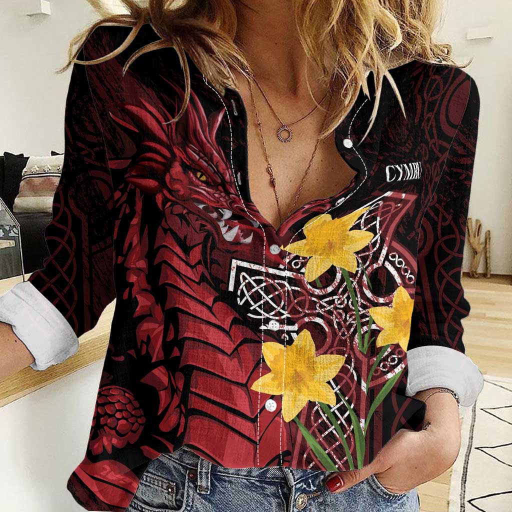 Wales Cymru Am Byth Women Casual Shirt Welsh Dragon with Celtic Cross - Wonder Print Shop