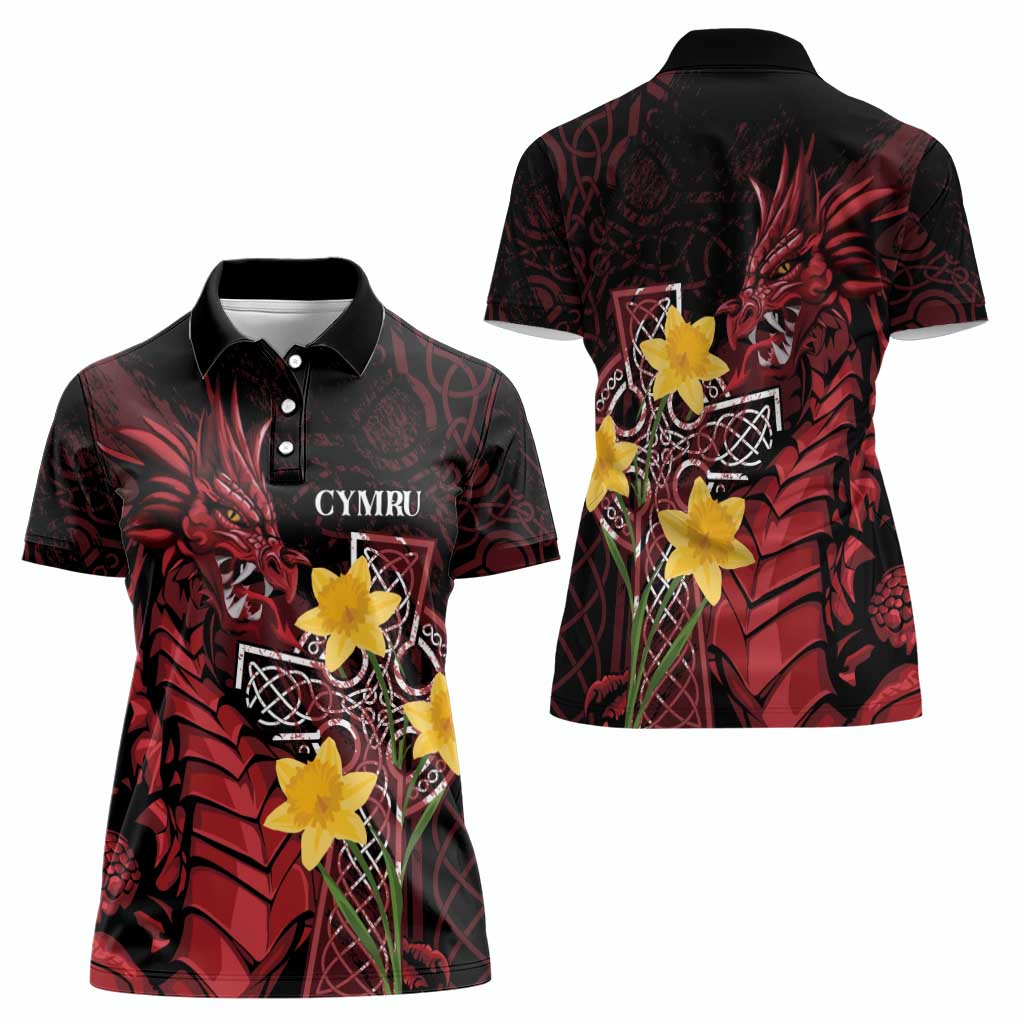 Wales Cymru Am Byth Women Polo Shirt Welsh Dragon with Celtic Cross - Wonder Print Shop