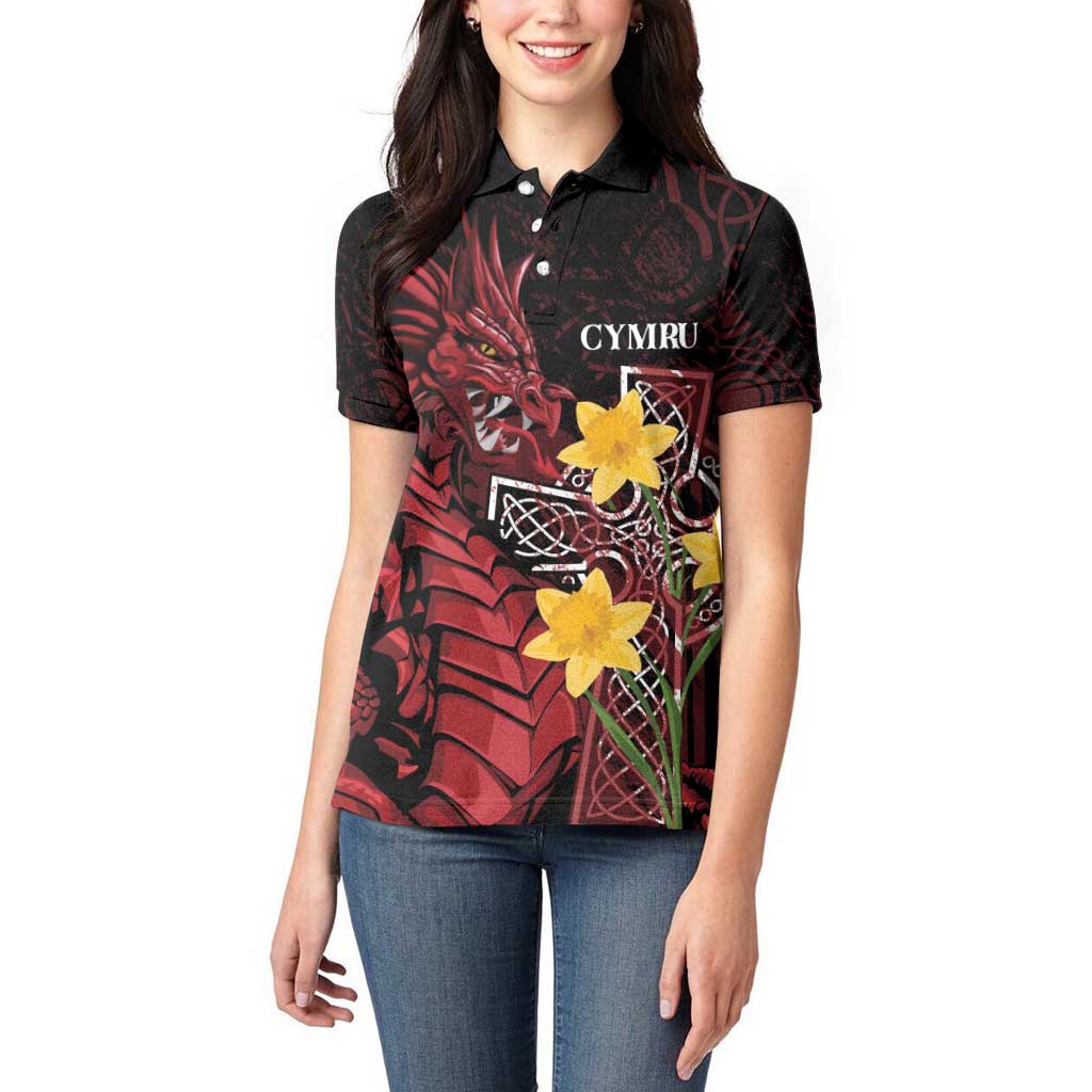 Wales Cymru Am Byth Women Polo Shirt Welsh Dragon with Celtic Cross - Wonder Print Shop