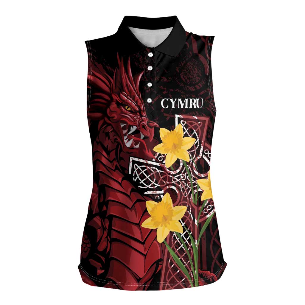 Wales Cymru Am Byth Women Sleeveless Polo Shirt Welsh Dragon with Celtic Cross - Wonder Print Shop