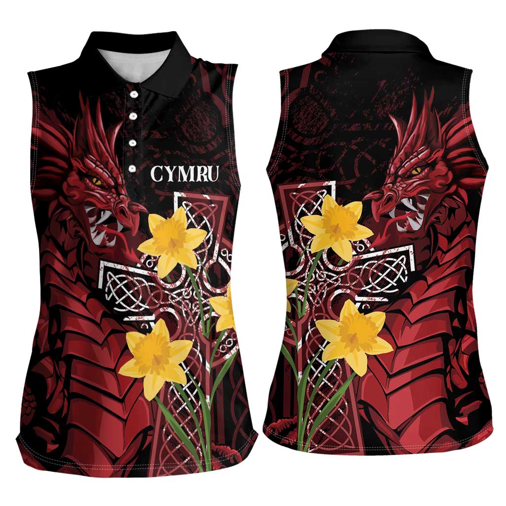 Wales Cymru Am Byth Women Sleeveless Polo Shirt Welsh Dragon with Celtic Cross - Wonder Print Shop