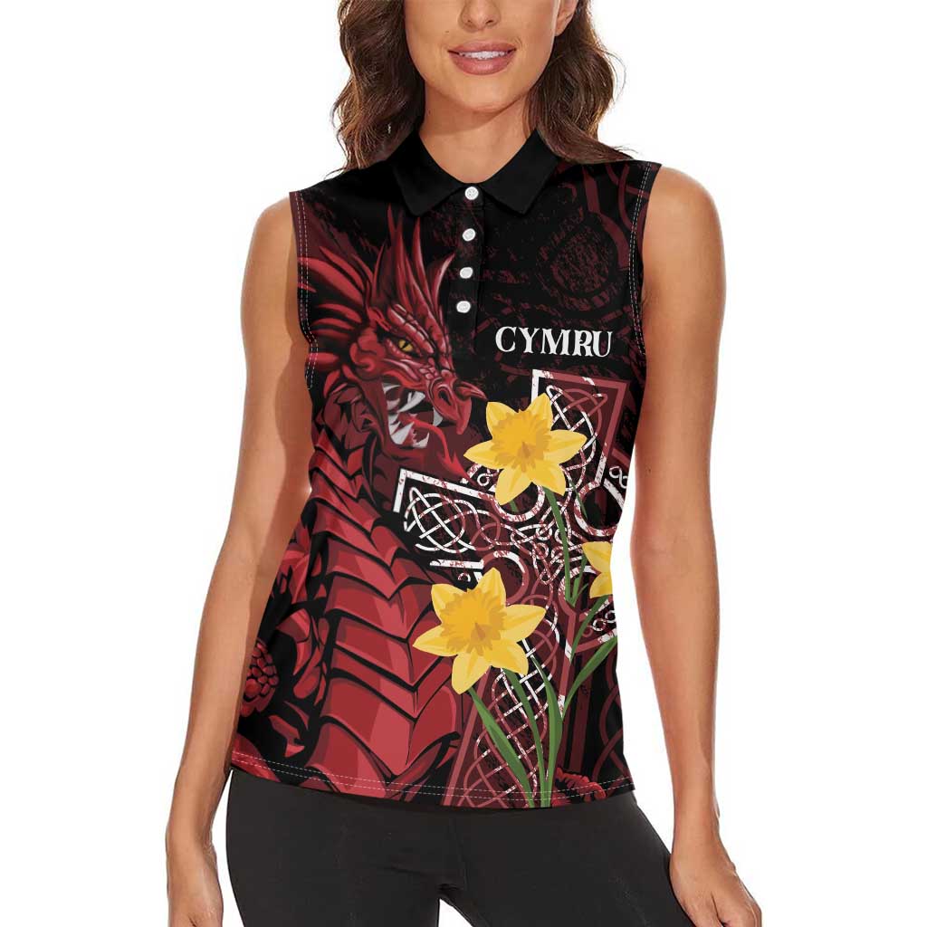 Wales Cymru Am Byth Women Sleeveless Polo Shirt Welsh Dragon with Celtic Cross - Wonder Print Shop