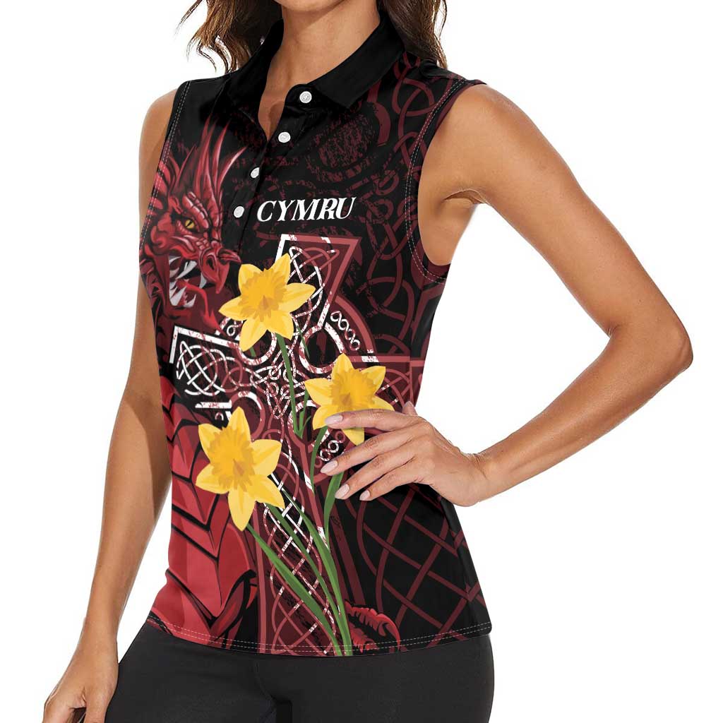 Wales Cymru Am Byth Women Sleeveless Polo Shirt Welsh Dragon with Celtic Cross - Wonder Print Shop