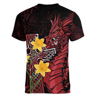 Wales Cymru Am Byth Women V-Neck T-Shirt Welsh Dragon with Celtic Cross - Wonder Print Shop