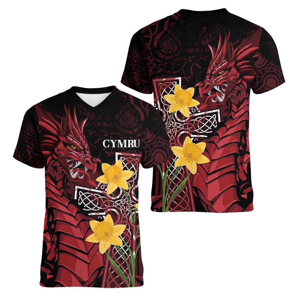 Wales Cymru Am Byth Women V-Neck T-Shirt Welsh Dragon with Celtic Cross - Wonder Print Shop