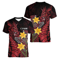 Wales Cymru Am Byth Women V-Neck T-Shirt Welsh Dragon with Celtic Cross - Wonder Print Shop
