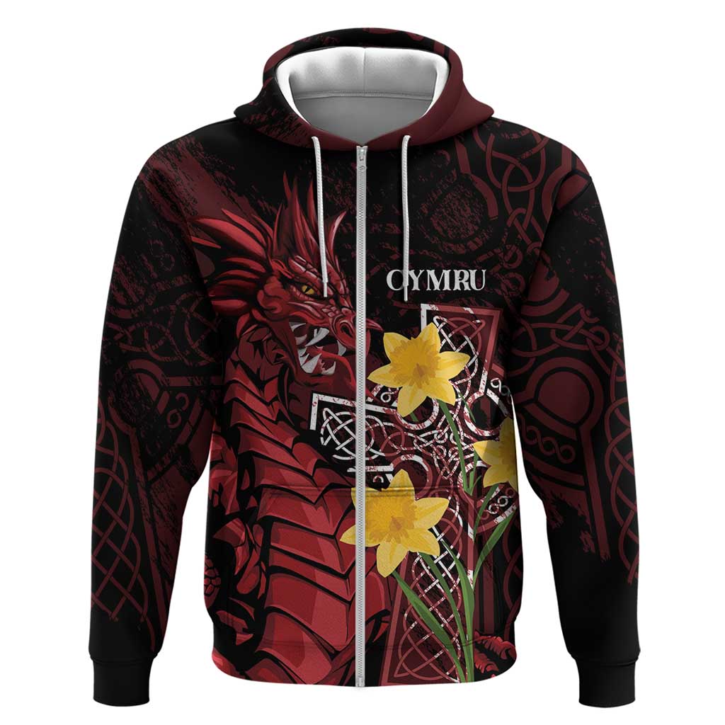 Wales Cymru Am Byth Zip Hoodie Welsh Dragon with Celtic Cross - Wonder Print Shop
