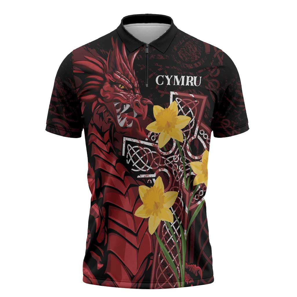 Wales Cymru Am Byth Zipper Polo Shirt Welsh Dragon with Celtic Cross - Wonder Print Shop
