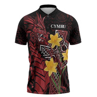Wales Cymru Am Byth Zipper Polo Shirt Welsh Dragon with Celtic Cross - Wonder Print Shop