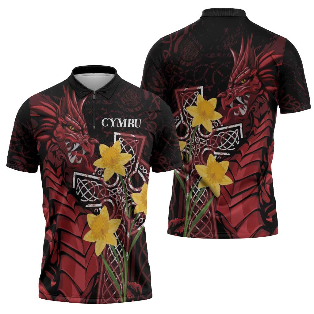 Wales Cymru Am Byth Zipper Polo Shirt Welsh Dragon with Celtic Cross - Wonder Print Shop